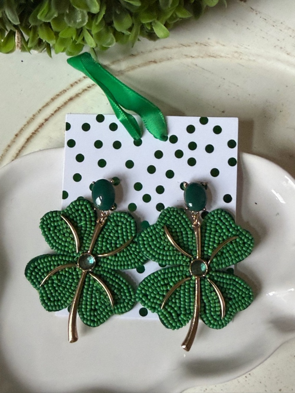 Shamrock Green Four-Leaf Clover Beaded Drop Earrings - Fashion Jewelry